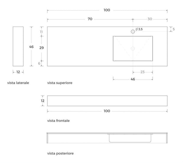 Lavabo sospeso con top in HPL 100cm vasca destra grigio cemento alfa