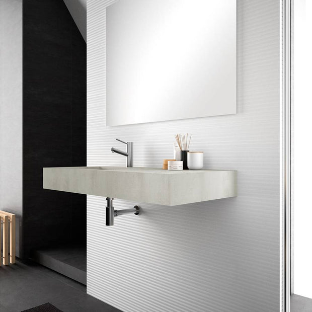 Lavabo rettangolare sospeso con vasca a sinistra grigio cemento 120x46 cm in hpl Jalama