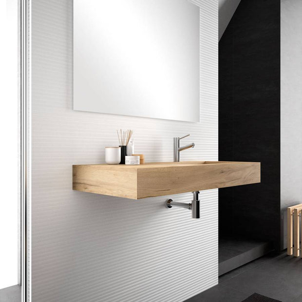 Lavabo sospeso 100cm integrato in HPL vasca a destra rovere naturale