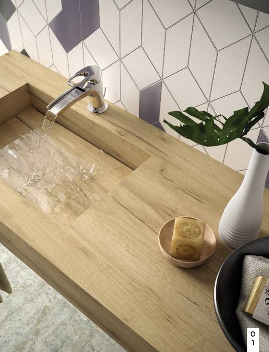Lavabo sospeso 100cm integrato in HPL vasca a destra rovere naturale